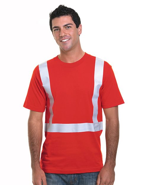 Custom ANSI Class 2 hi-vis safety t-shirt with a company logo, decorated by Personal Graphics in Petoskey, Michigan