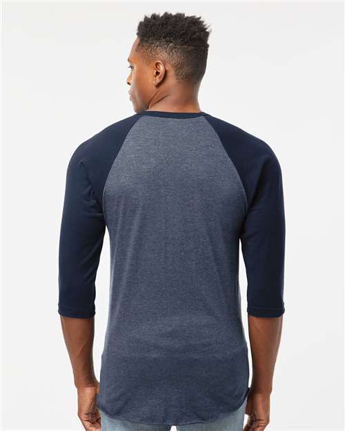Unisex Fine Jersey Raglan T-Shirt - Heather Denim/ Navy