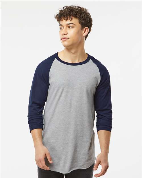 Unisex Fine Jersey Raglan T-Shirt - Heather Grey/ Navy
