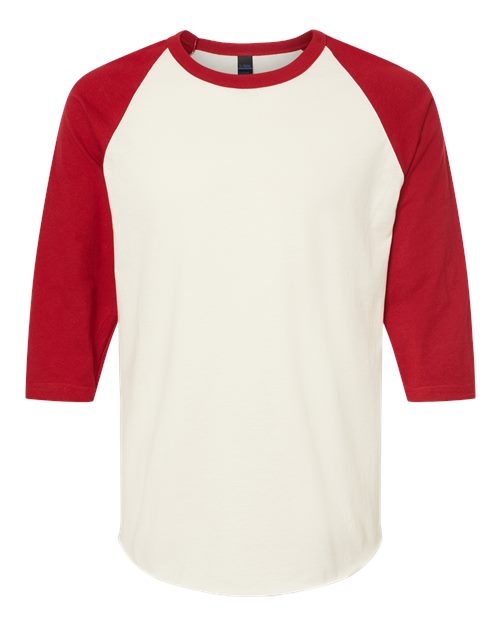 Unisex Fine Jersey Raglan T-Shirt - Vintage White/ Rio Red