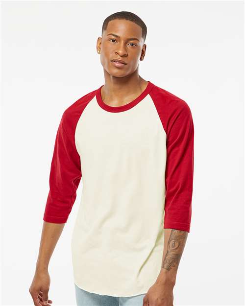 Unisex Fine Jersey Raglan T-Shirt - Vintage White/ Rio Red
