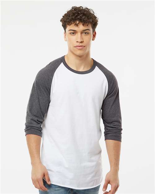 Unisex Fine Jersey Raglan T-Shirt - White/ Heather Charcoal