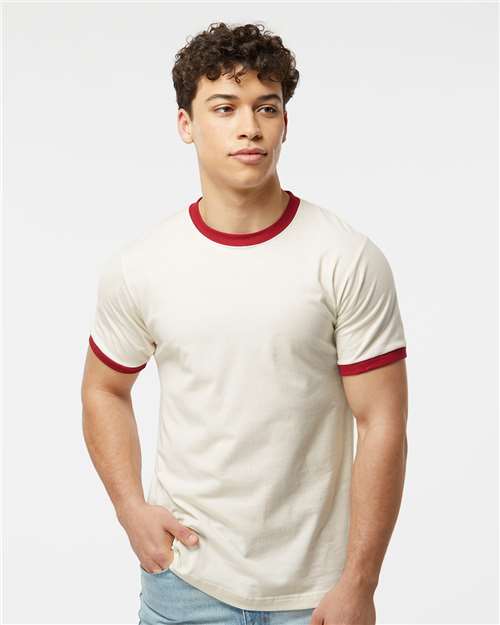 Unisex Fine Jersey Ringer T-Shirt - Vintage White/ Rio Red