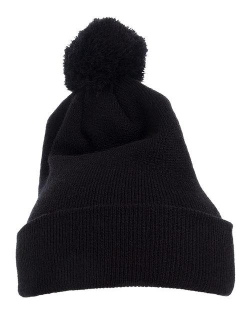Pom-Pom Cuffed Knit Beanie - Black