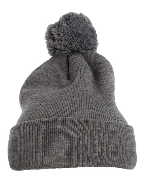 Pom-Pom Cuffed Knit Beanie - Heather Grey