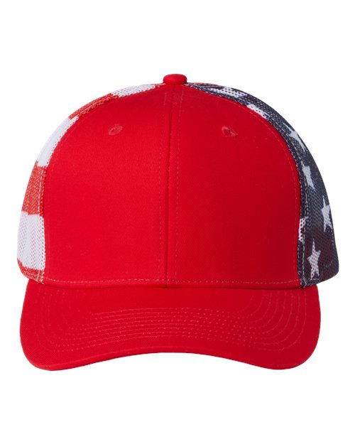 Printed Mesh Trucker Cap - Red/ USA Flag