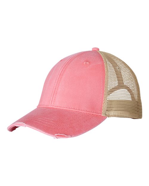 Ollie Distressed Trucker Cap - Coral/ Tan