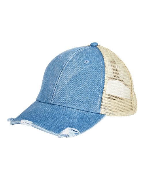 Ollie Distressed Trucker Cap - Light Denim/ Tan