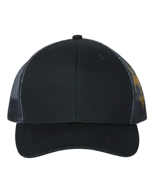 Printed Mesh Trucker Cap - Black/ Black/ Fleur De Lis