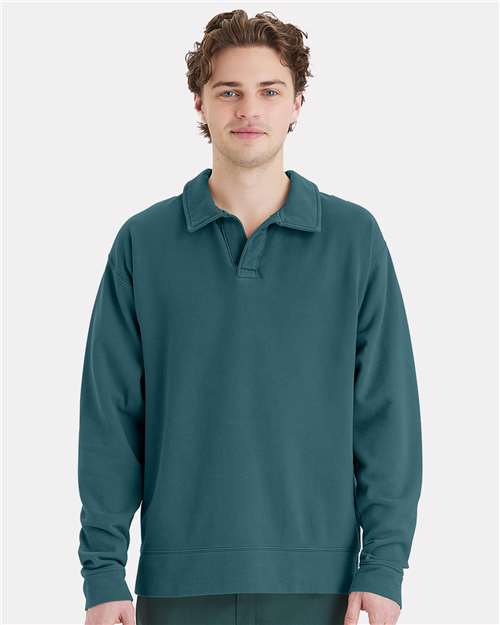 Unisex Garment-Dyed Polo Collar Sweatshirt - Cactus