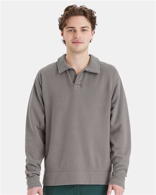Unisex Garment-Dyed Polo Collar Sweatshirt - Concrete Grey