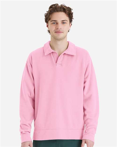 Unisex Garment-Dyed Polo Collar Sweatshirt - Cotton Candy