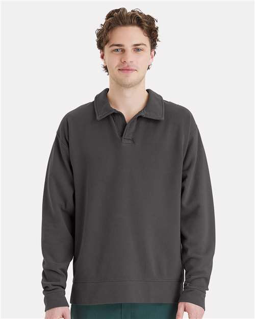 Unisex Garment-Dyed Polo Collar Sweatshirt - New Railroad Grey