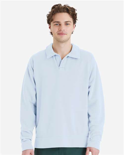 Unisex Garment-Dyed Polo Collar Sweatshirt - Soothing Blue