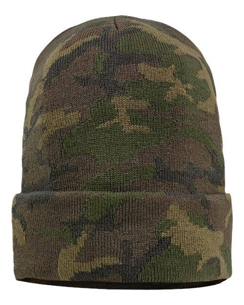 12" Solid Cuffed Beanie - Green Camo