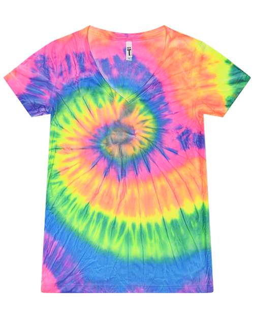 Women's Tie-Dyed V-Neck T-Shirt - Neon Rainbow