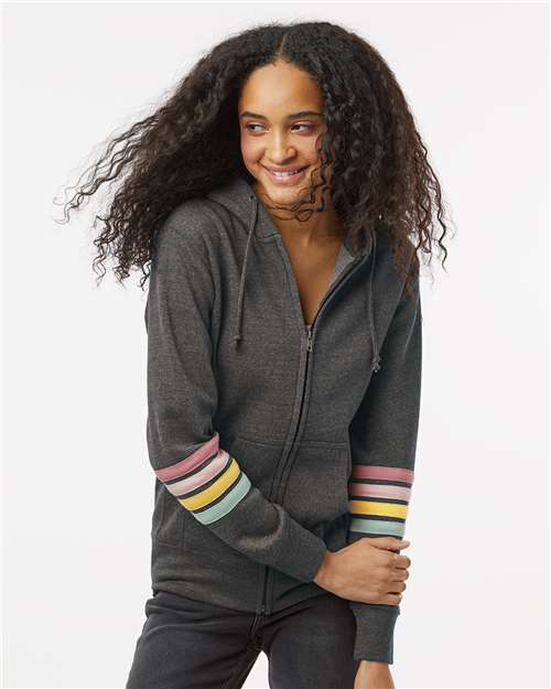 Women's Striped Sleeves Full-Zip Hooded Sweatshirt - Charcoal