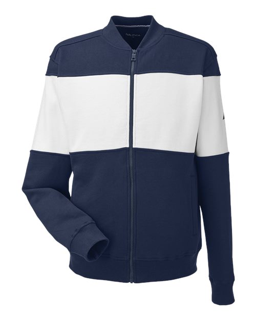 Unisex Anchor Fleece Colorblocked Bomber Jacket - Navy/ White
