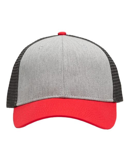 Traditional Lo-Pro Mesh Back Trucker Fit Cap - Heather Grey/ Charcoal/ Red