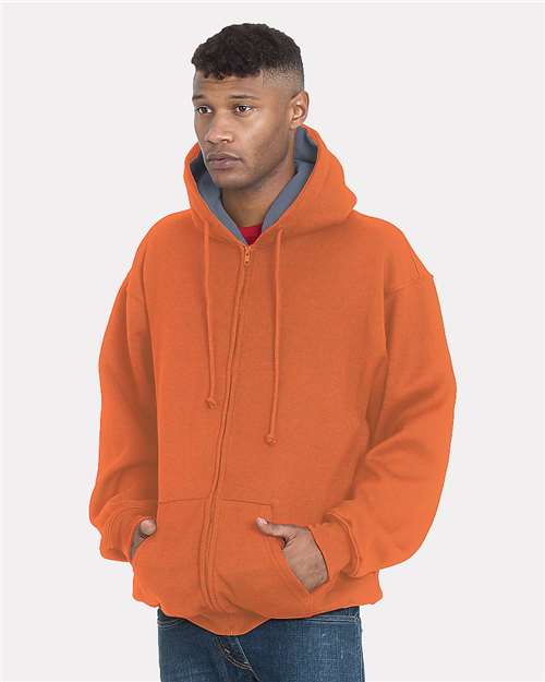 Unisex USA-Made Super Heavy Thermal Lined Full-Zip Hooded Sweatshirt - Bright Orange/ Dark Grey