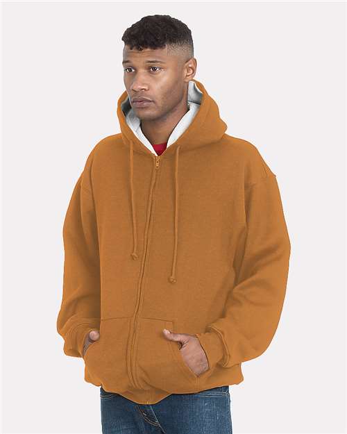Unisex USA-Made Super Heavy Thermal Lined Full-Zip Hooded Sweatshirt - Caramel Brown/ Cream