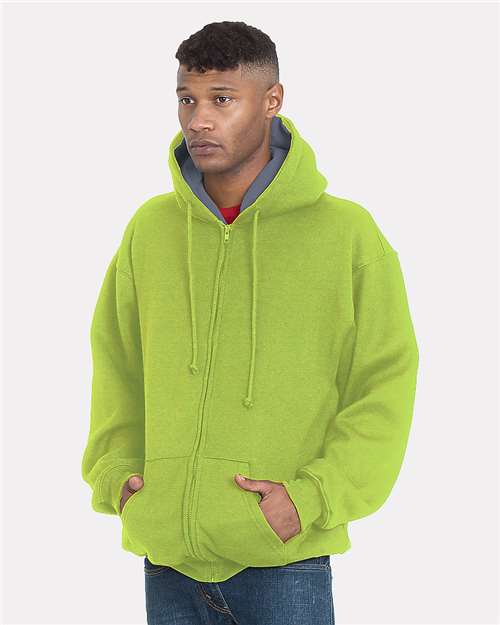 Unisex USA-Made Super Heavy Thermal Lined Full-Zip Hooded Sweatshirt - Lime Green/ Dark Grey