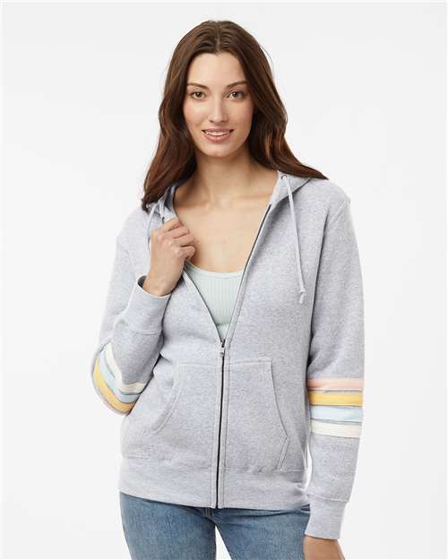 Women's Striped Sleeves Full-Zip Hooded Sweatshirt - Heather Grey
