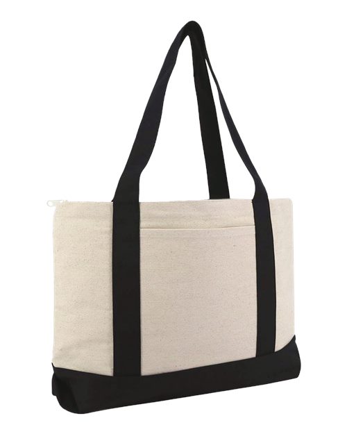 Large Zippered Cotton Canvas Tote - Natural/ Black