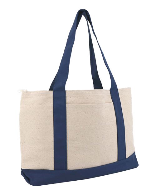 Large Zippered Cotton Canvas Tote - Natural/ Navy