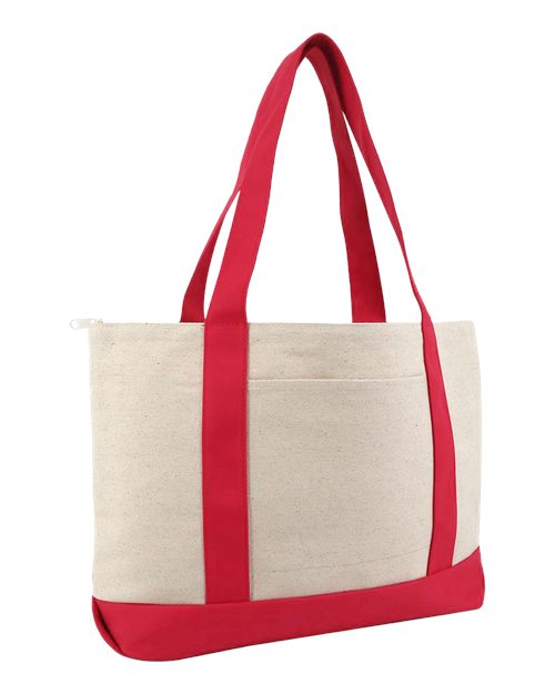 Large Zippered Cotton Canvas Tote - Natural/ Red