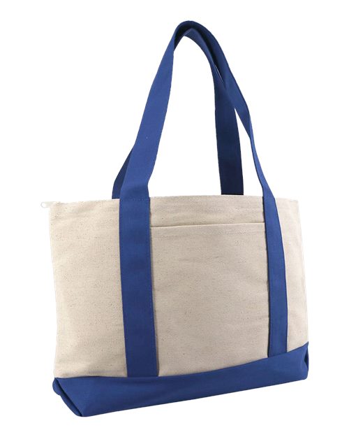 Large Zippered Cotton Canvas Tote - Natural/ Royal