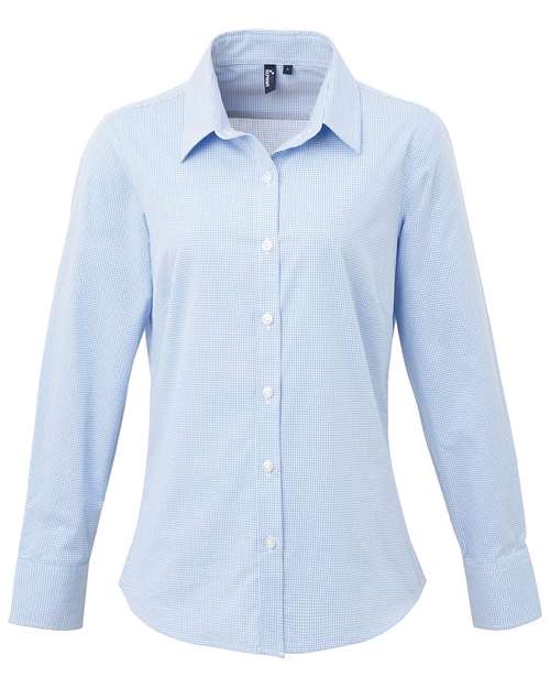 Women's Microcheck Gingham Cotton Shirt - Light Blue/ White
