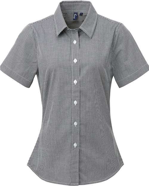 Women's Microcheck Gingham Short Sleeve Cotton Dress Shirt - Black/ White