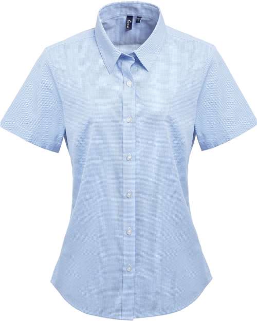 Women's Microcheck Gingham Short Sleeve Cotton Dress Shirt - Light Blue/ White
