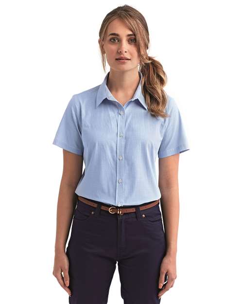 Women's Microcheck Gingham Short Sleeve Cotton Dress Shirt - Light Blue/ White