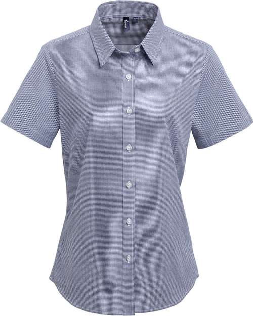 Women's Microcheck Gingham Short Sleeve Cotton Dress Shirt - Navy/ White