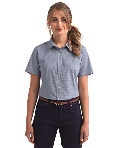 Women's Microcheck Gingham Short Sleeve Cotton Dress Shirt - Navy/ White