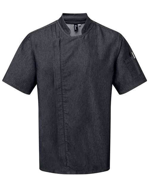 Unisex Zip-Close Short Sleeve Chef's Coat - Black Denim