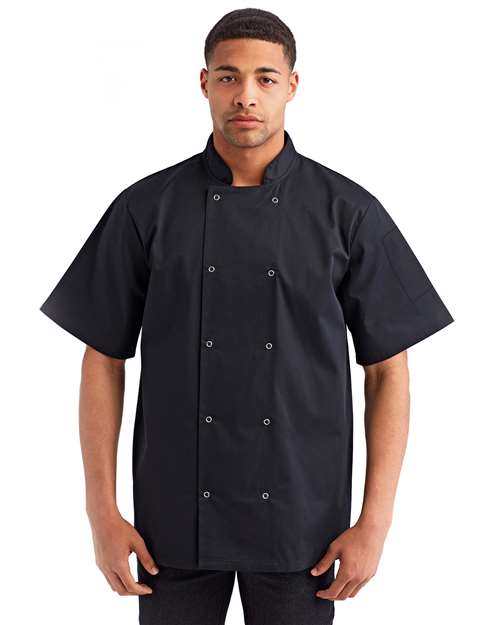Unisex Ten Studded Front Short Sleeve Chef Coat - Black