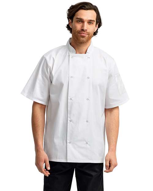 Unisex Ten Studded Front Short Sleeve Chef Coat - White