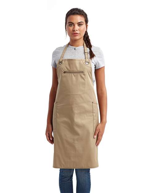 Barley Contrast Stitch Recycled Bib Apron - Khaki/ Brown