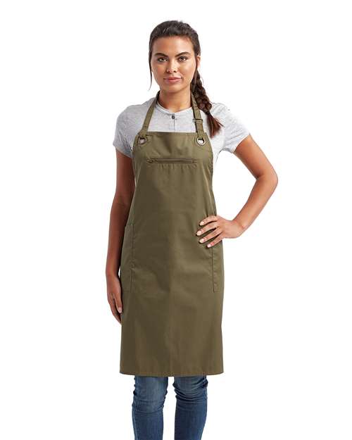 Barley Contrast Stitch Recycled Bib Apron - Olive/ Chestnut