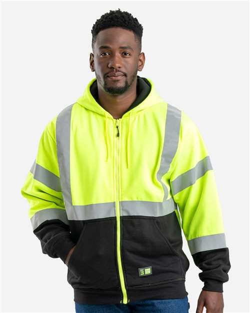 Men's Hi-Vis Class 3 Color Block Full-Zip Hooded Sweatshirt - Hi Vis Yellow