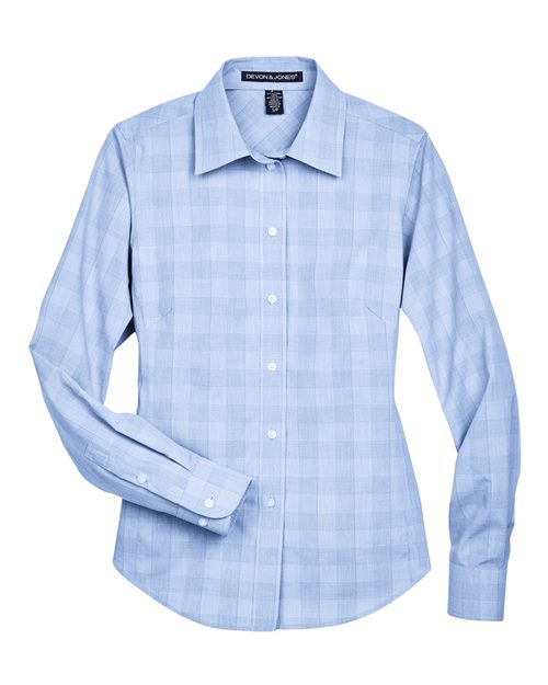 Women's Crown Collection® Glen Plaid Woven Dress Shirt - White/ Light French Blue/ French Blue