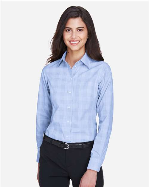 Women's Crown Collection® Glen Plaid Woven Dress Shirt - White/ Light French Blue/ French Blue