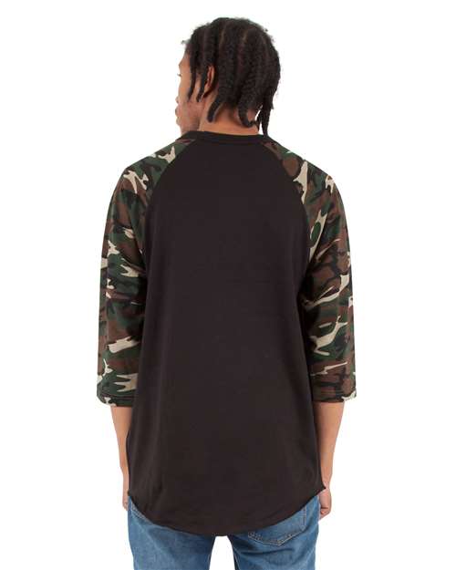 Unisex Three-Quarter Sleeve Camo Raglan T-Shirt - Black/ Camo Green