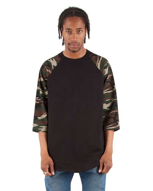 Unisex Three-Quarter Sleeve Camo Raglan T-Shirt - Black/ Camo Green