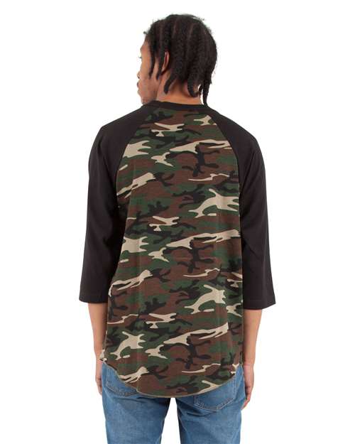 Unisex Three-Quarter Sleeve Camo Raglan T-Shirt - Camo Green/ Black