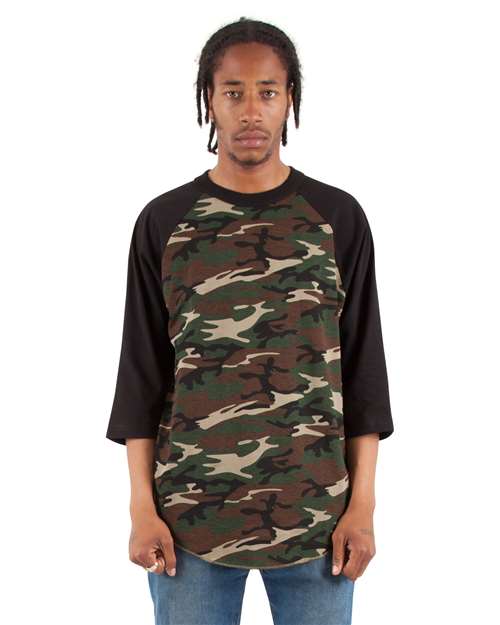 Unisex Three-Quarter Sleeve Camo Raglan T-Shirt - Camo Green/ Black