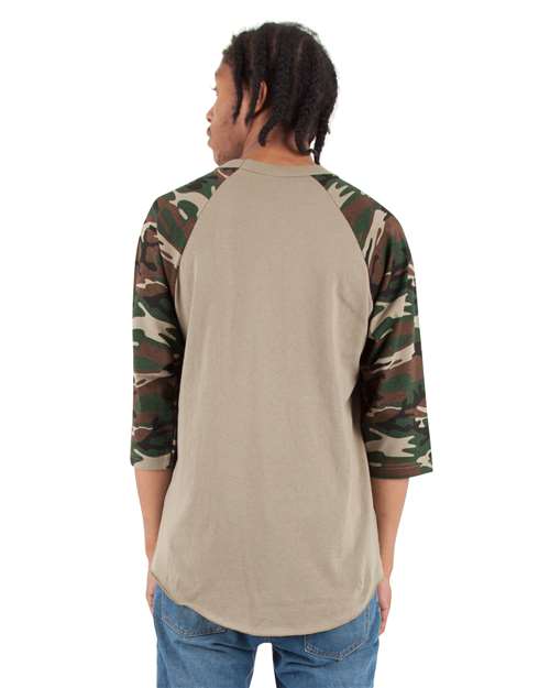 Unisex Three-Quarter Sleeve Camo Raglan T-Shirt - Olive/ Camo Green
